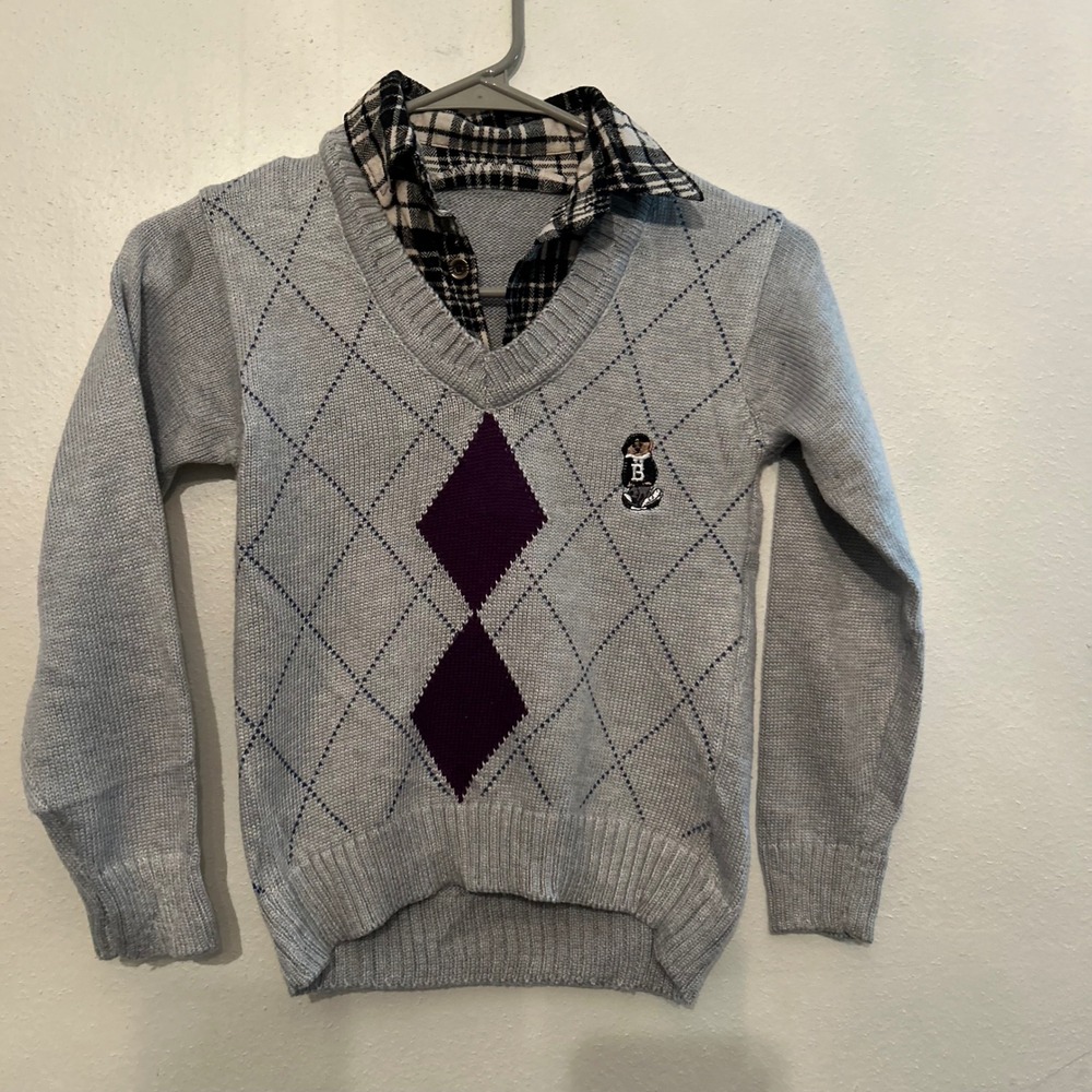 Boys Argyle Sweater with Collar Layered Look Gray‎ Purple Bear Logo